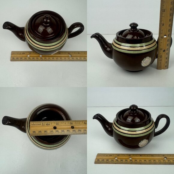 Vtg Single Serve Brown Genuine Old English Redware Teapot w Green Tan Stripes - Picture 3 of 13